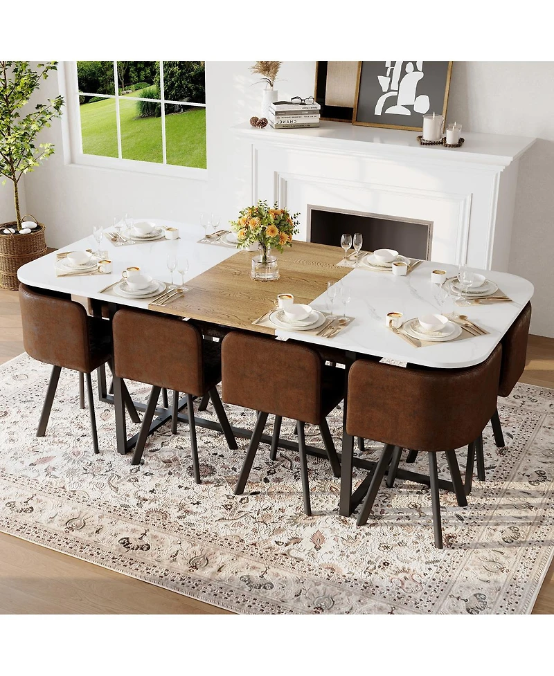 Streamdale Furniture 9-Piece Square Faux Marble Dining Set with 8 Suede Chairs