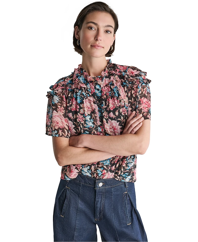 Bcbg Women's Printed Short-Sleeve Ruffle Detail Blouse