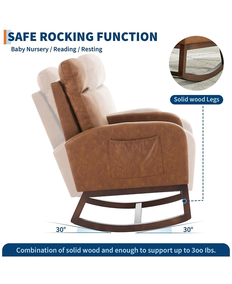 homfan Modern Hospitality Rocking Chair – Teddy Upholstery, High Back ,Armrest ,Wingback, Side Pockets Rubber Wood Legs for Restaurant or Office