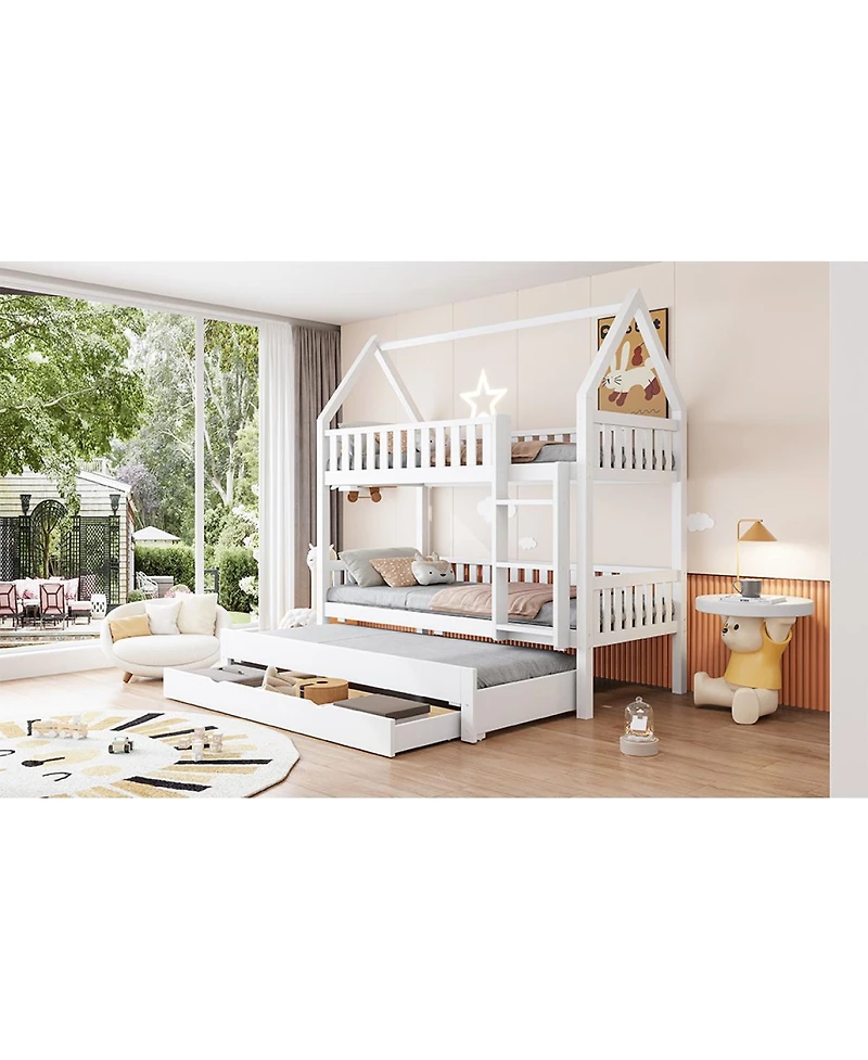 Streamdale Furniture House Bunk Bed With Fence, Trundle and Drawers