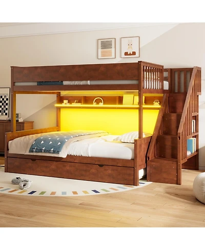 Streamdale Furniture Xl Bunk Bed with Storage, Stairs, Trundle, Led Light