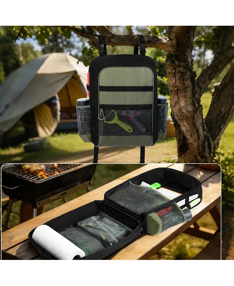 Piscifun Hanging Camping Kitchen Organizer Bag With Paper Towel Holder Multi Pockets For Outdoor Cooking Barbecue