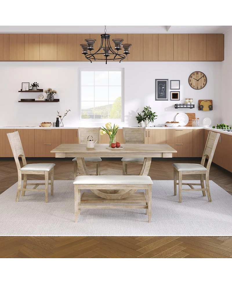 Streamdale Furniture 6-Piece Wood Half Round Dining Table Set with Bench and 4 Chairs Seadrift