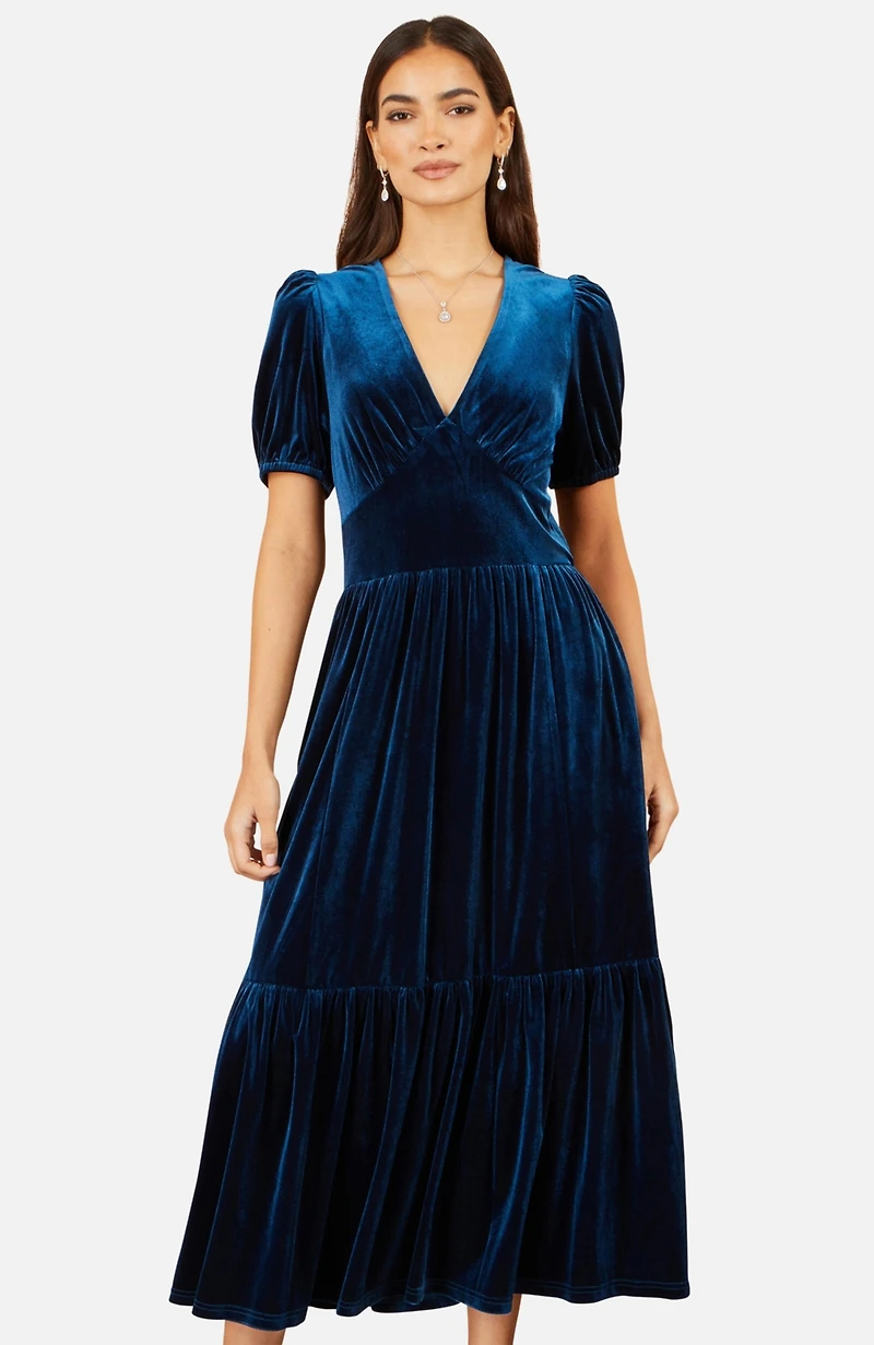 Yumi Women's Puff Sleeve V-Neck Velvet Midi Dress