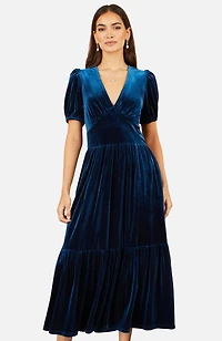 Yumi Women's Puff Sleeve V-Neck Velvet Midi Dress