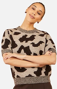 Yumi Women's Leopard Intarsia Short-Sleeve Sweater