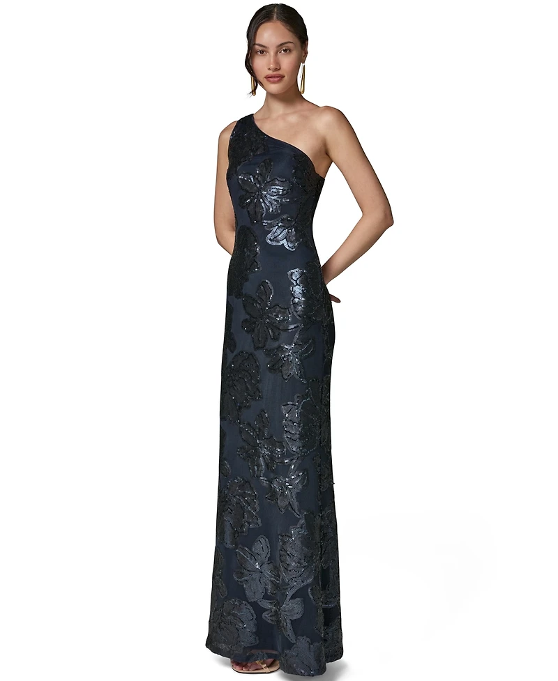 Donna Karan New York Women's One-Shoulder Floral Sequin Mesh Dress