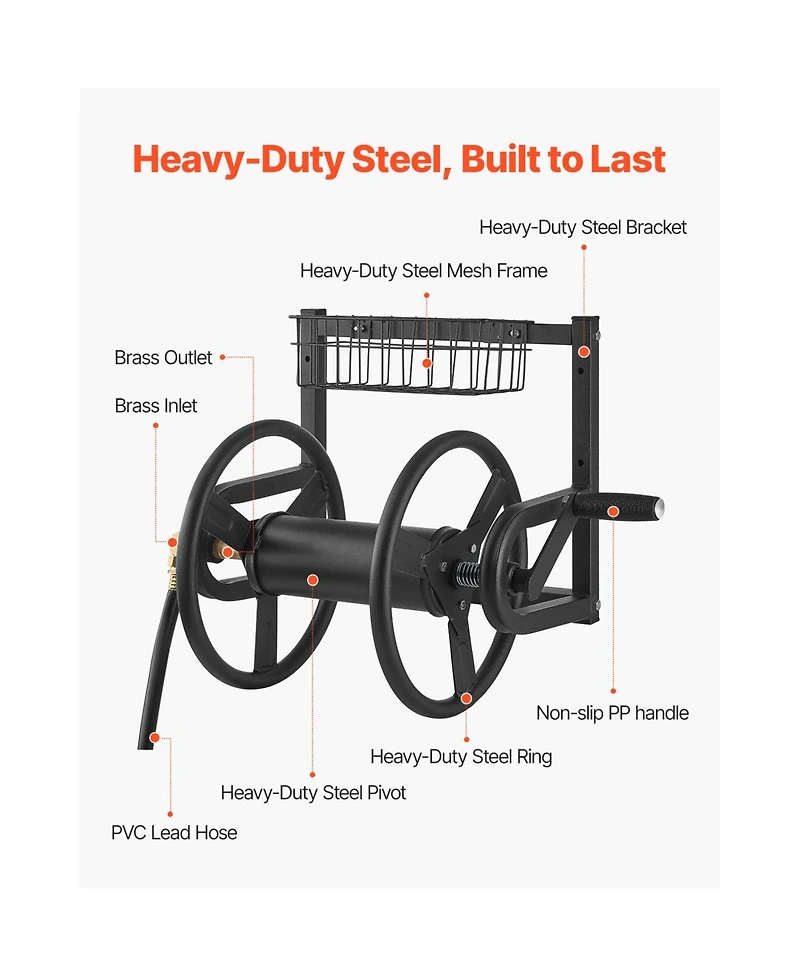 Vevor Wall Mounted Garden Hose Reel 125ft 5/8 in Hose Holder Brass Fitting and Basket