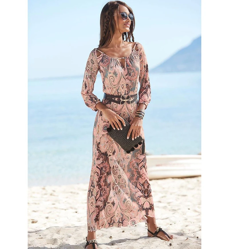 Lascana Women's Viscose Printed Cutout Multiway Elastic-Waist Maxi Dress