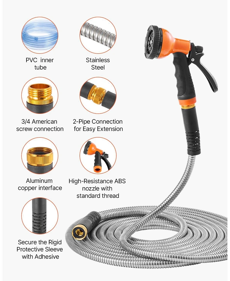 Vevor 75ft Metal Garden Hose Stainless Steel Water Hose Lightweight No Kink