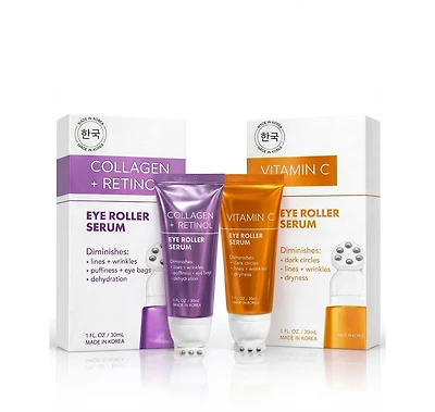 Lovery Korean Skincare Eye Roller Serum Duo - Collagen + Retinol and Vitamin C Brightening Under Eye Treatment Set