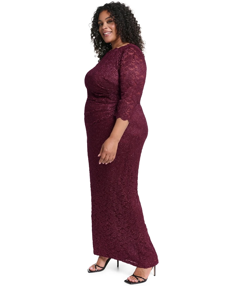 Jessica Howard Plus 3/4-Sleeve Side Tuck Lace Gown