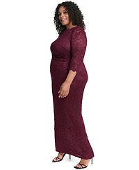Jessica Howard Plus 3/4-Sleeve Side Tuck Lace Gown