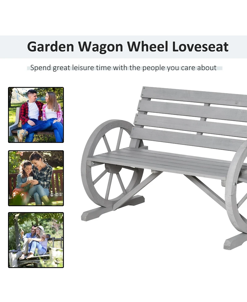 Outsunny Wooden Wagon Wheel Bench, Rustic Outdoor Patio Furniture, 2-Person Seat Bench with Backrest, Light Grey