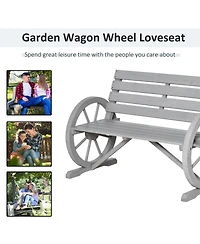 Outsunny Wooden Wagon Wheel Bench, Rustic Outdoor Patio Furniture, 2-Person Seat Bench with Backrest, Light Grey