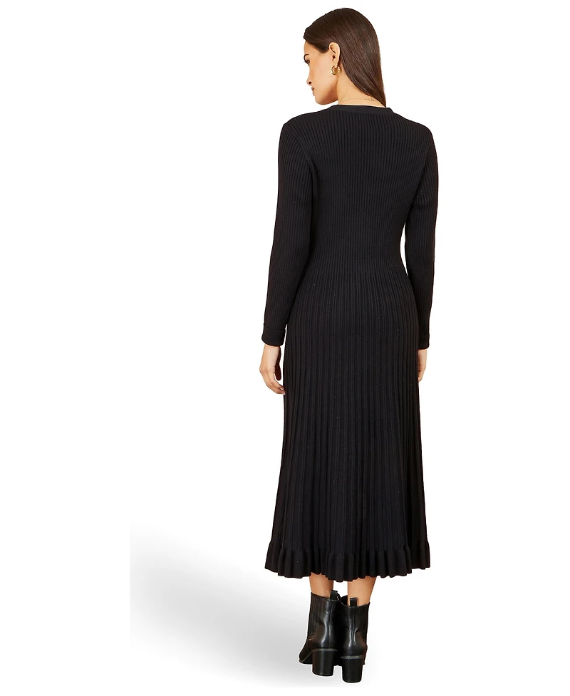 Yumi Women's Long Sleeve Ribbed Midi Knit Dress