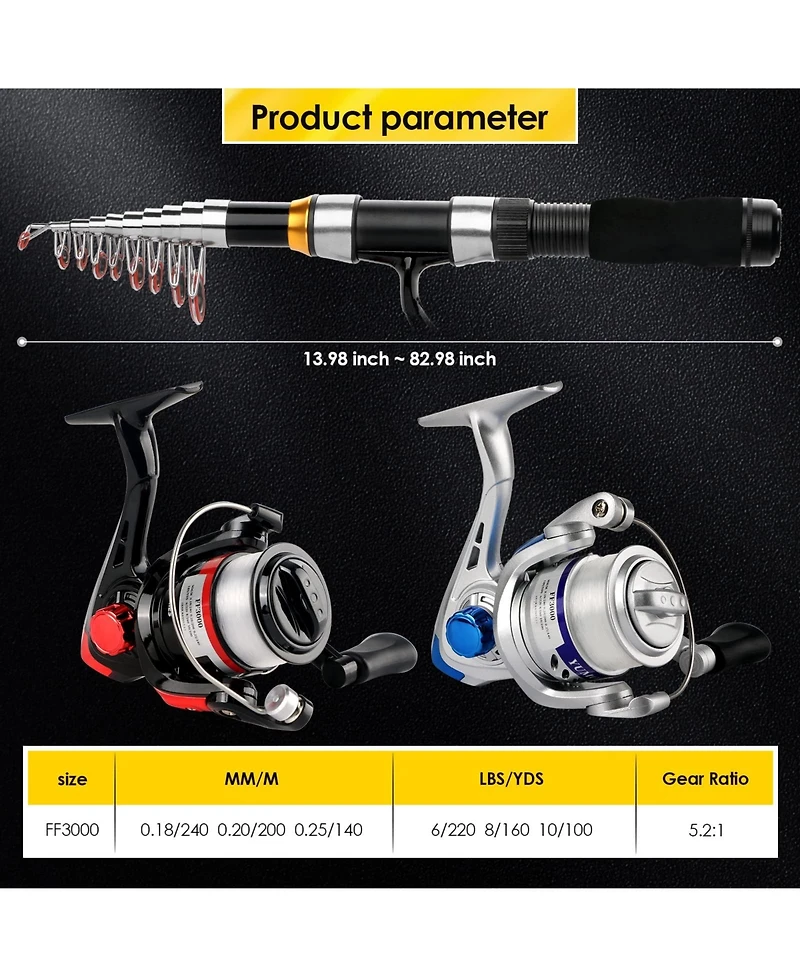 Aofar 6.89ft Telescopic Fishing Rod Collapsible Pole Kit Portable Travel Saltwater Freshwater