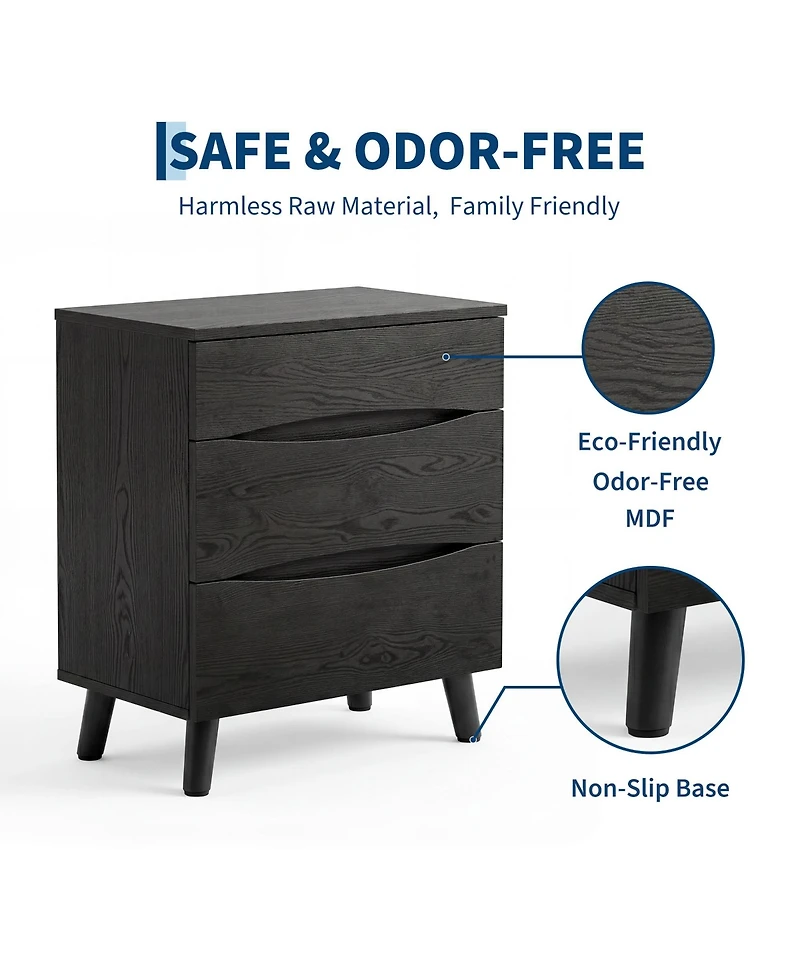 homfan Nightstand with 3 Storage Drawers, 24 Inch Wide Bedside Table with Wooden Top for Bedroom, Space Saving Modern End Table for Living Room Office