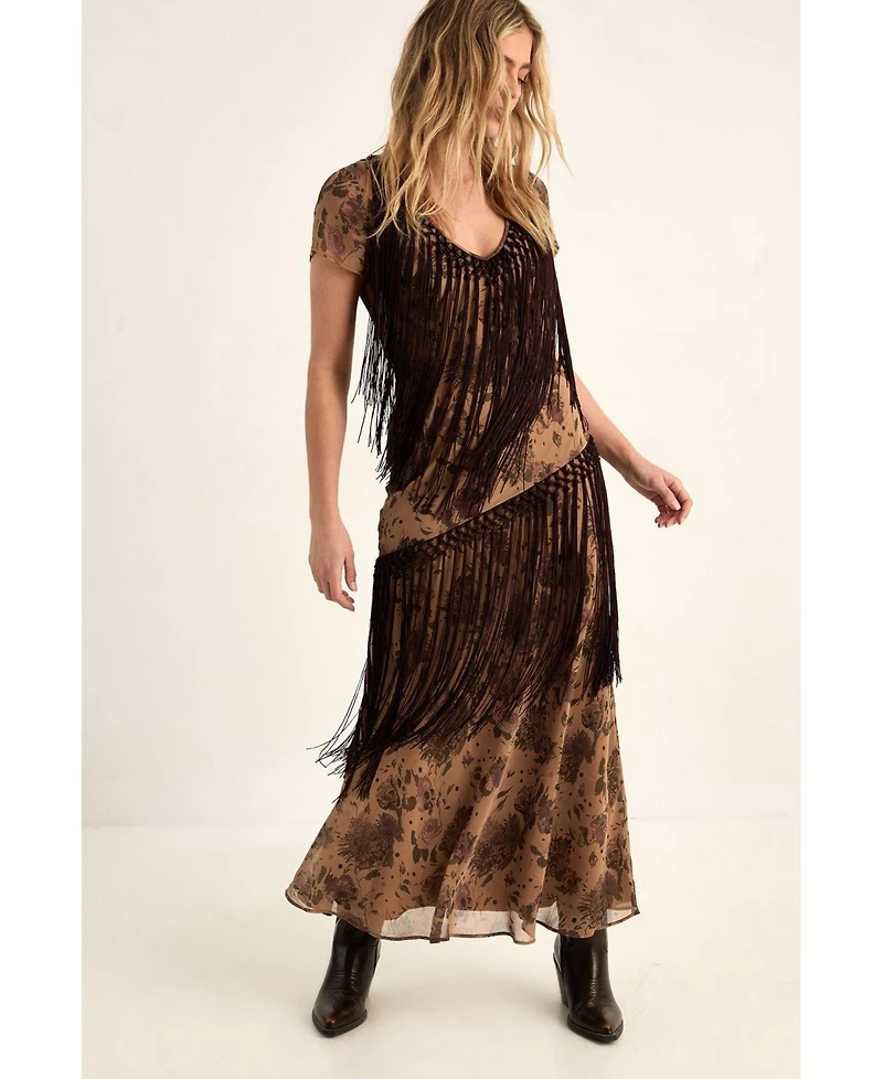 Nasty Gal Women's Floral Chiffon Fringe Maxi Dress