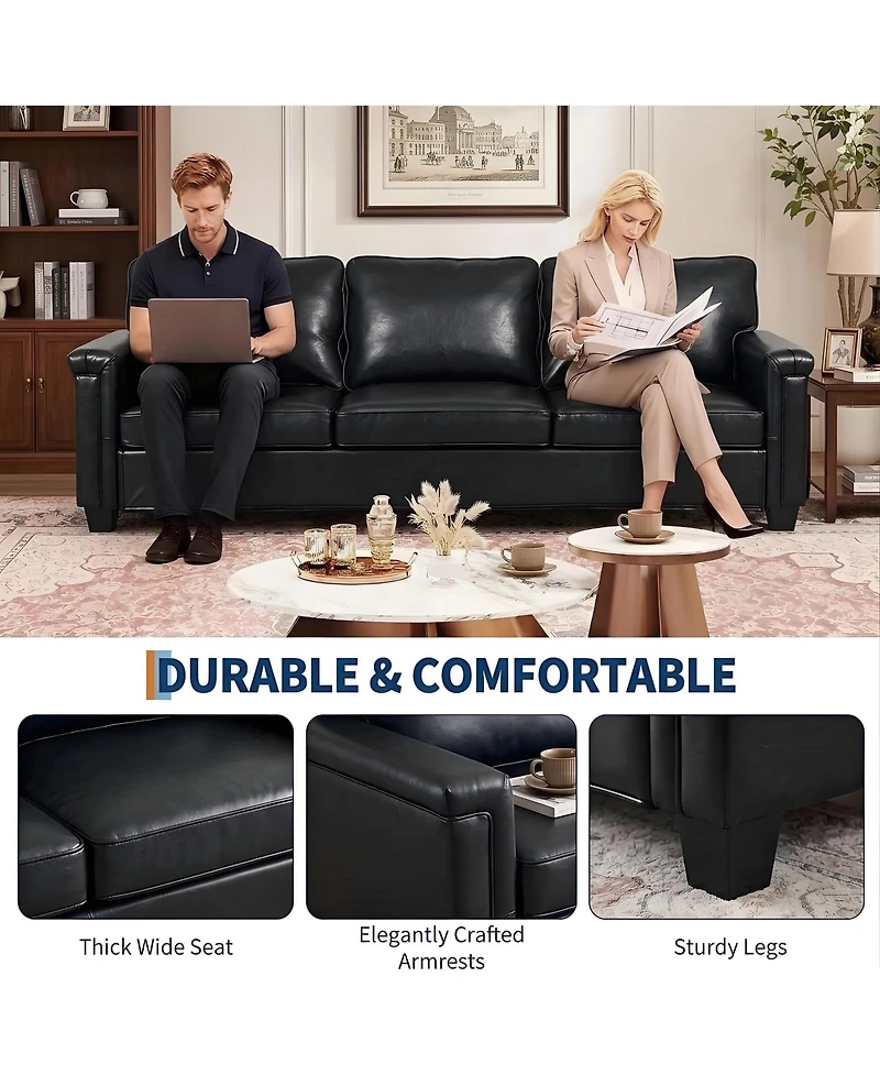 homfan 87.8 inch 3 Seater, Modern Faux Leather with 22 Deep Seat, Wide Square Arms, Firm Cushions, Heavy Duty Frame, Easy to Clean for Apartment