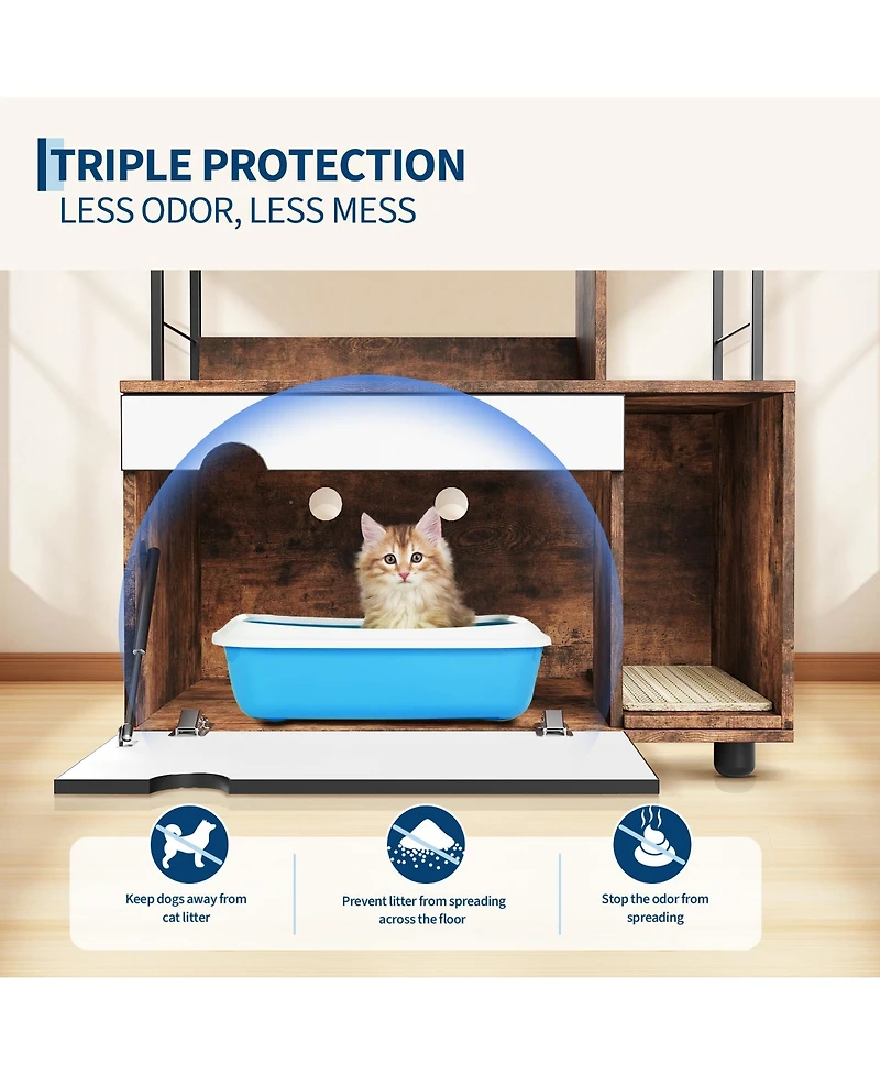 homfan Hidden Cat Litter Box Enclosure Furniture with 4-Tier Shelves and Scratching Post, 2-in-1 Large Wooden Cat Litter Box Cabinet