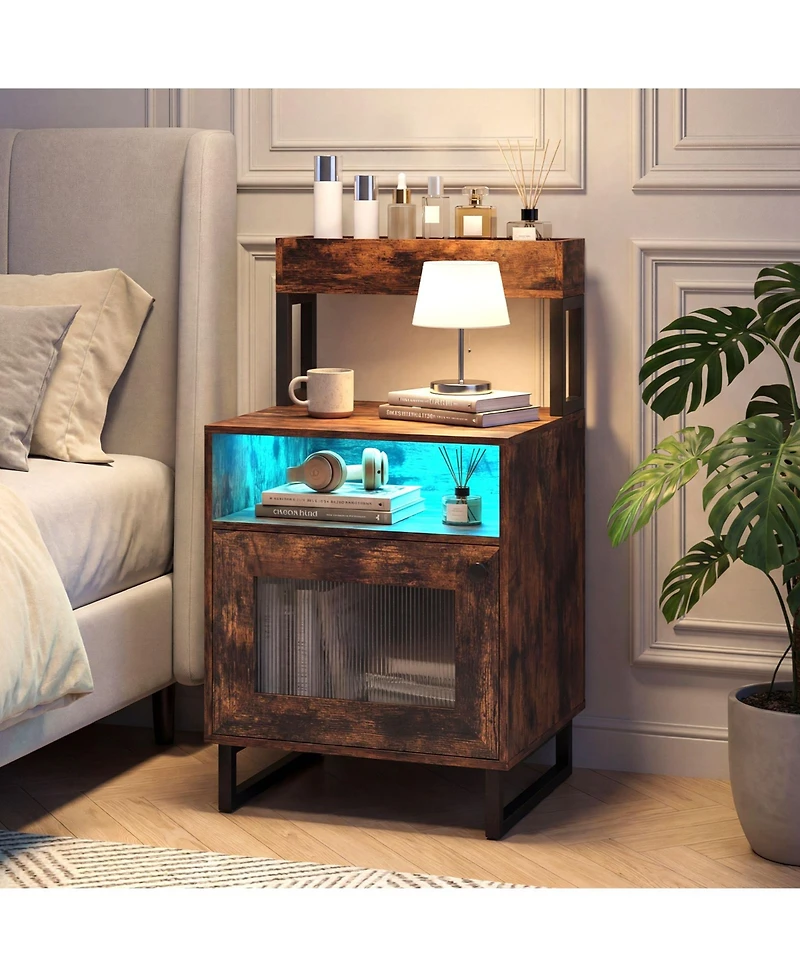 Costway Nightstand with Led Lights, Modern End Table Top Tray, Open Compartment