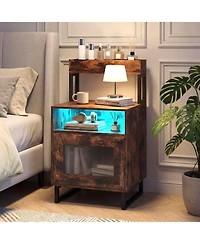 Costway Nightstand with Led Lights, Modern End Table Top Tray, Open Compartment