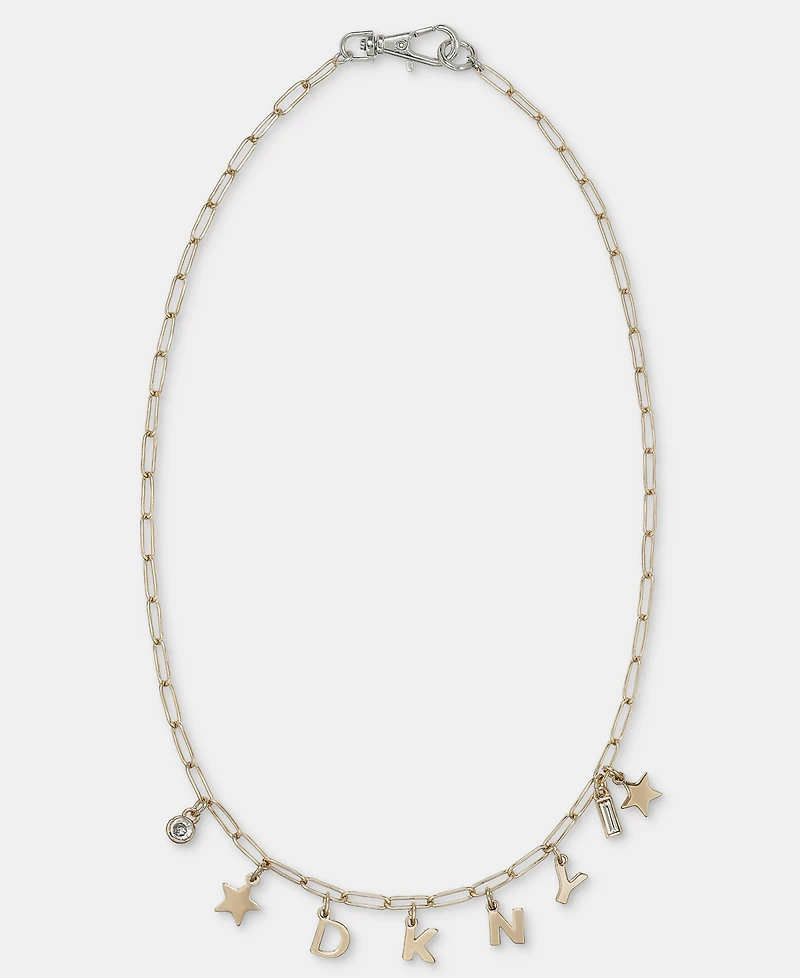 Dkny Two-Tone Crystal Logo Charm Frontal Necklace, 16" + 3" extender