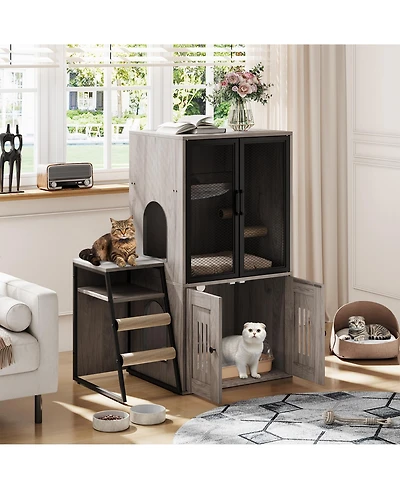 homfan Double Cat Litter Box Enclosure with Hammock, Sisal Scratching Post, Movable Ladder and Metal Mesh Door Hidden Washroom
