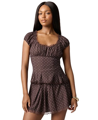 Florence By Mills Juniors' Lace-Trim Printed Cap-Sleeve Top