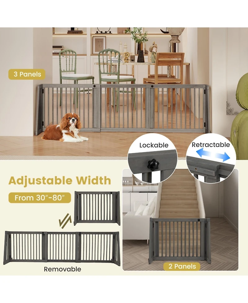 Ruie Folding Free Standing 3 Panel Adjustable Wood Dog Fence Gate