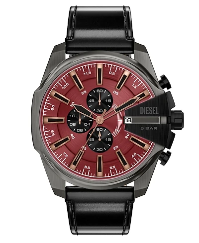 Diesel Men's Mega Chief Slim Quartz Chronograph Black Leather Watch 48mm