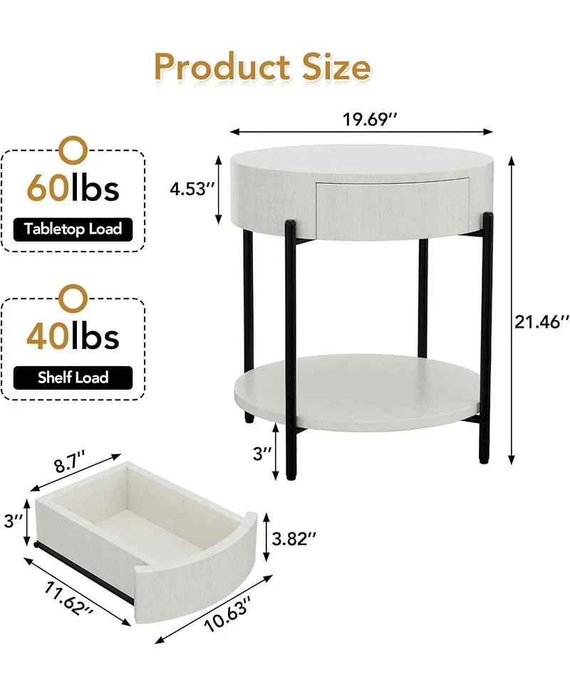 Round Farmhouse End Table with Drawer, Wood-Grain Top and Metal Legs, Vintage Nightstand,White