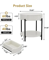 Round Farmhouse End Table with Drawer, Wood-Grain Top and Metal Legs, Vintage Nightstand,White