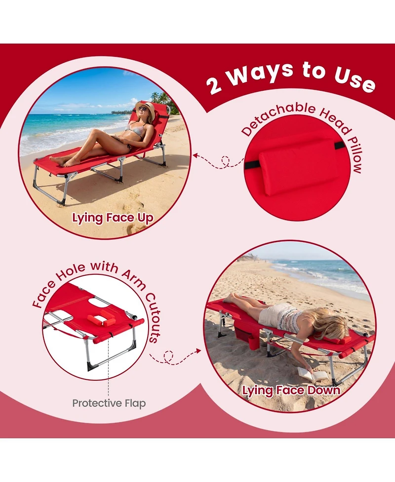 Sugift 4-Position Portable Tanning Lounger with Face Hole and U-Shaped Pillow