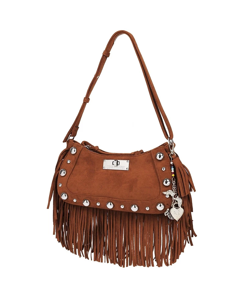 True Religion Vintage Dangle Fringe Hobo Bag with Studded Trim and Charm Accents