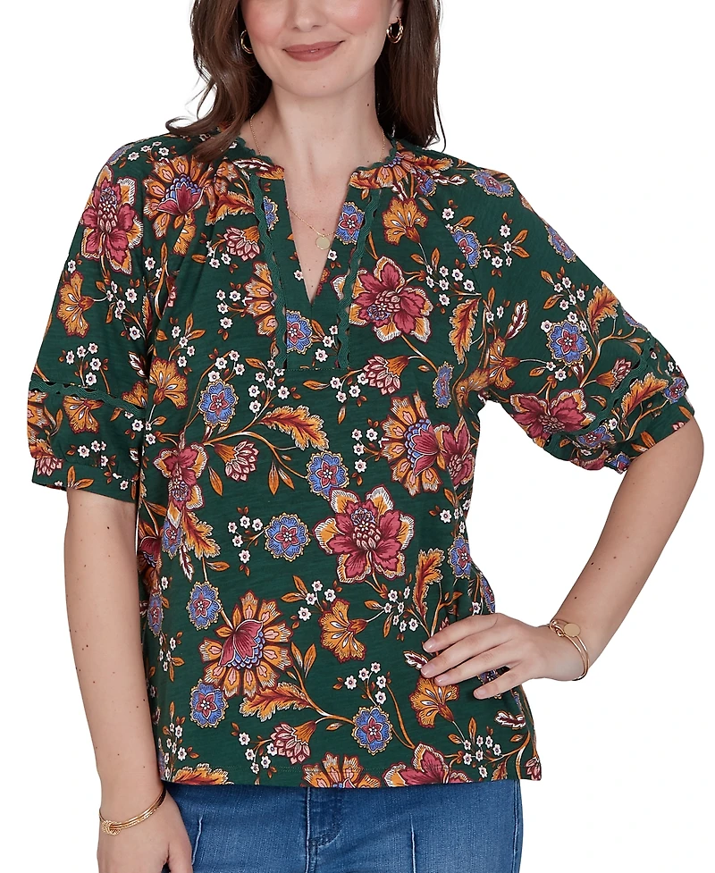 Ruby Rd. Petite Floral Vines Printed Cotton Knit Top