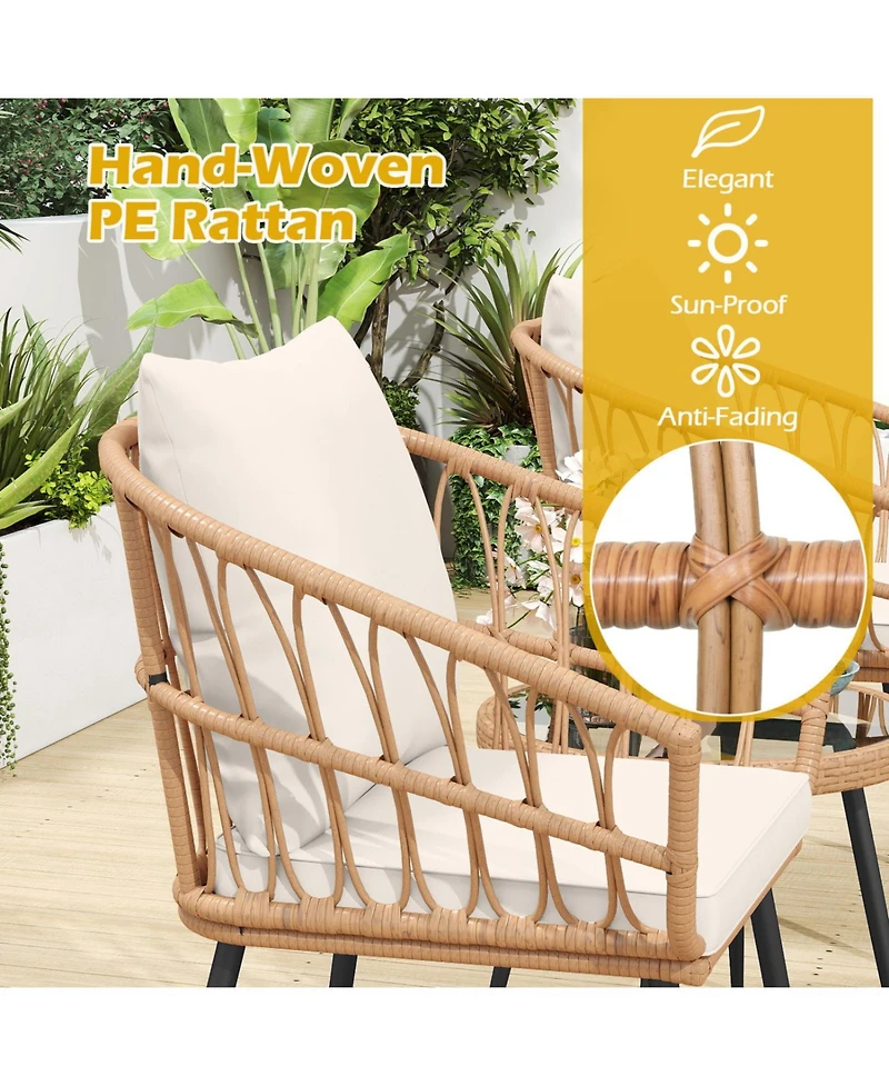 Slickblue 3 Piece Patio Bistro Set with Pe Rattan Chairs and Glass Coffee Table