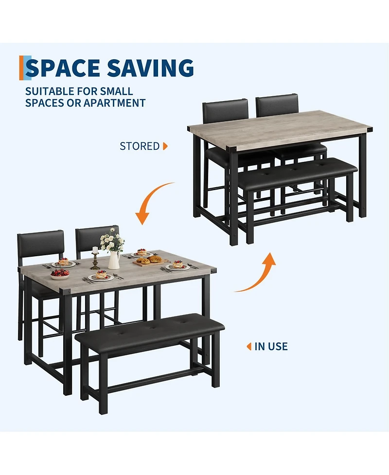 homfan Dining Table for 4, Kitchen Table with Upholstered Bench, Space-Saving Table for Apartment, Industrial Wood and Metal Room Table, Easy Clean