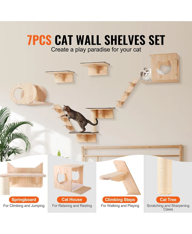 Ruie Wall Mounted Cat Shelves Set of 7 with Jumping Boards and Hammock