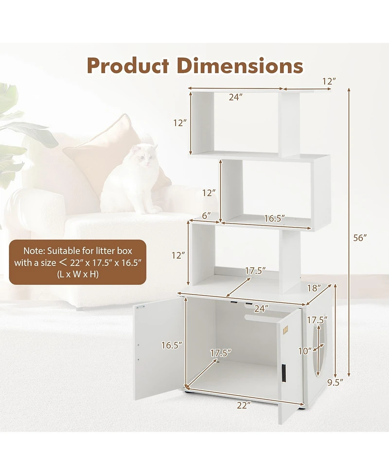 Ruie 56 Inch Tall Cat Litter Box Enclosure Cabinet with Storage Shelves