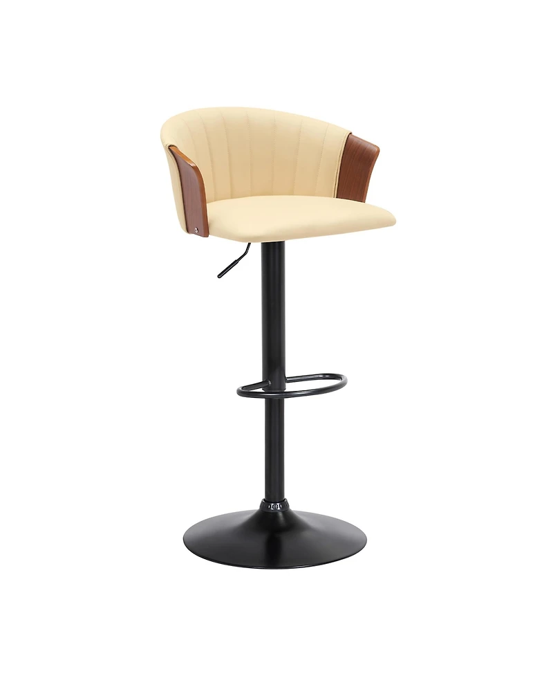 Clihome Leather Adjustable Bar Stool with Wood Arms, Modern Swivel Counter Height Chair, Metal Base Kitchen Stool