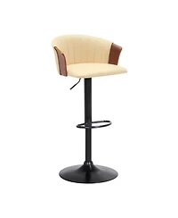 Clihome Leather Adjustable Bar Stool with Wood Arms, Modern Swivel Counter Height Chair, Metal Base Kitchen Stool