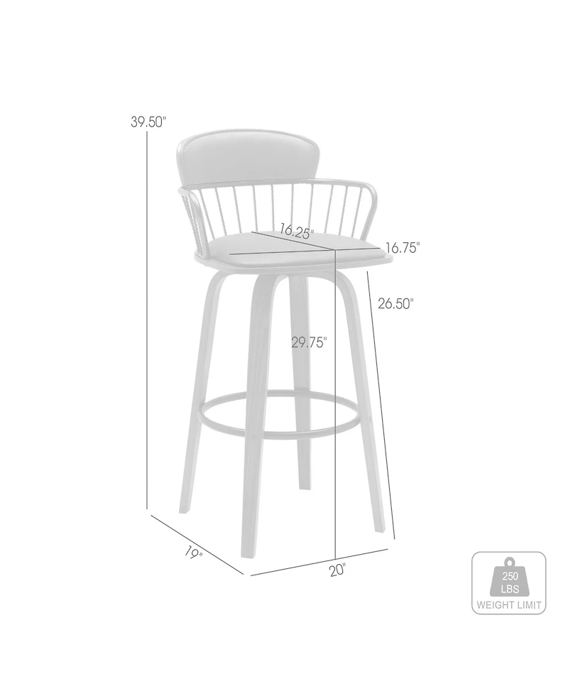 Clihome Leather Bar Stool with Brass Backrest, Modern Swivel Counter Height Chair, Wood Leg Kitchen Island Stool