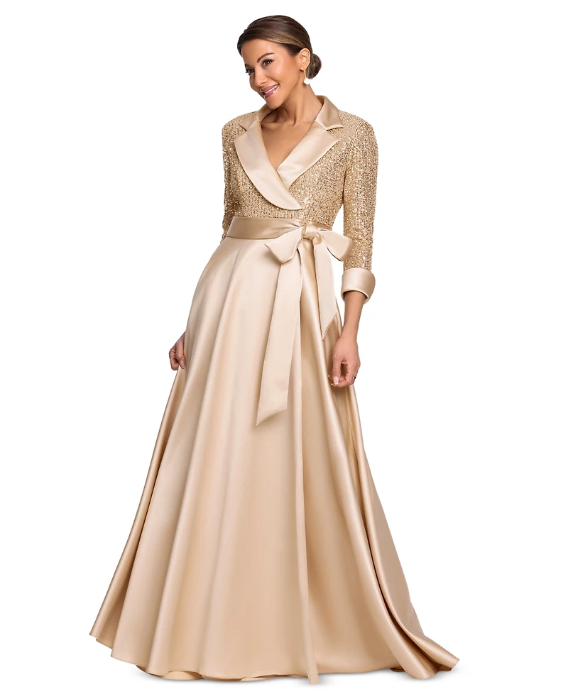 Xscape Women's Sequined Tuxedo Belted Ball Gown
