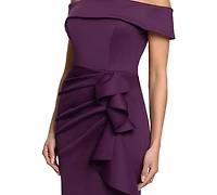Xscape Women's Scuba Off-the-Shoulder Side Ruffle Gown