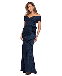 Xscape Women's Brocade Off-the-Shoulder Ruffle Gown