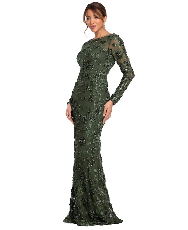 Xscape Petite Raised Flower Crewneck Long Gown Dress