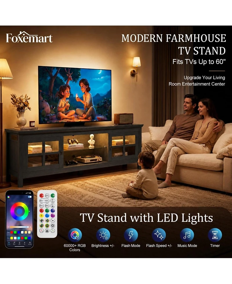 Aheaplus 55" Tv Stand with Charging Station and Led Lights, Glass Display Cabinet Shelves
