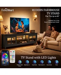 Aheaplus 55" Tv Stand with Charging Station and Led Lights, Glass Display Cabinet Shelves
